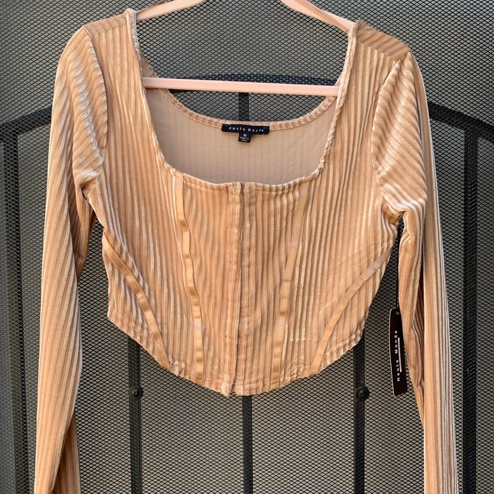 Tan Ribbed Long Sleeve Crop Top